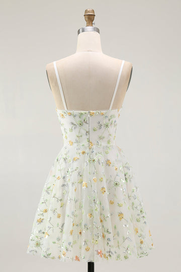 Green Floral A Line Spaghetti Straps Short Homecoming Dress